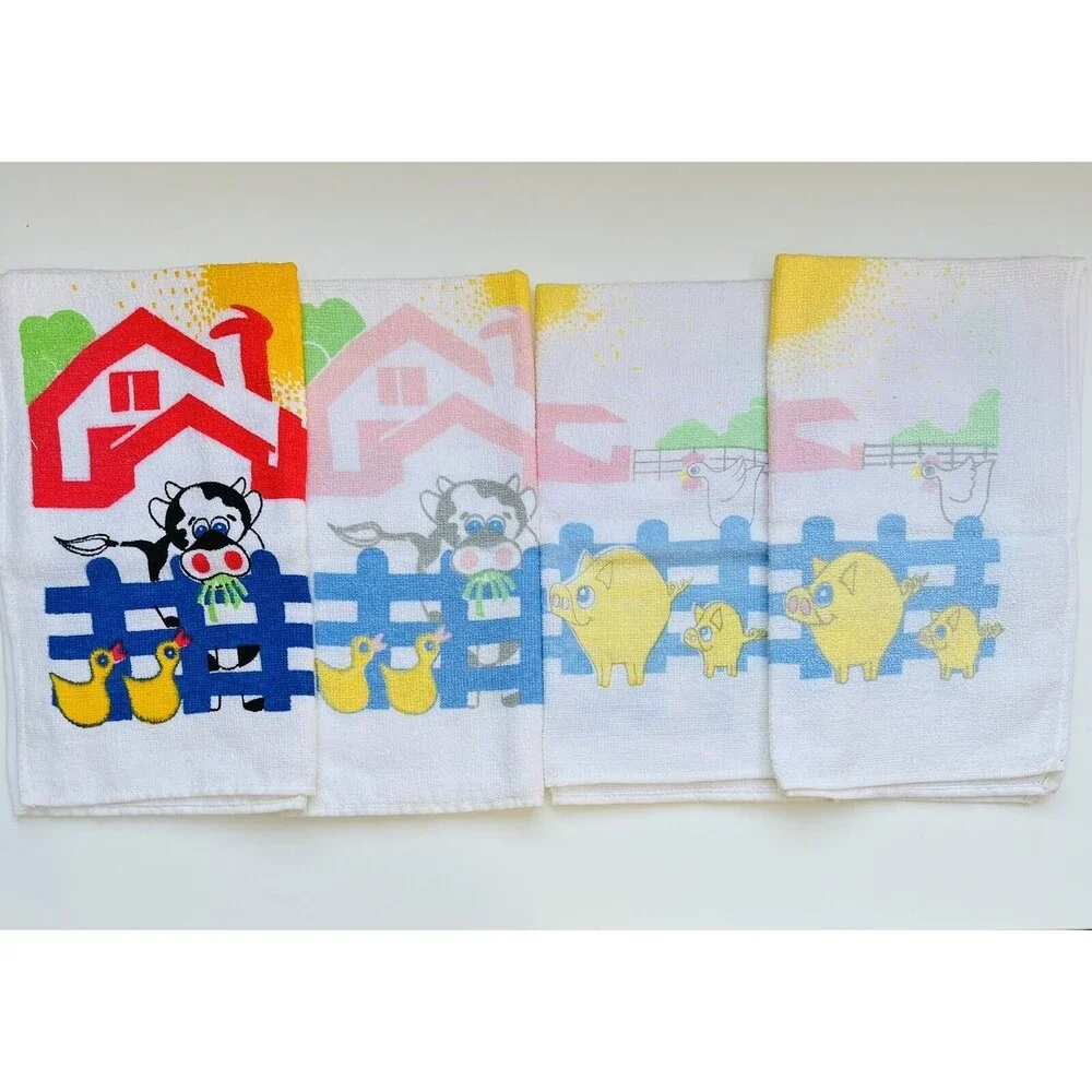 New Lot of 4 Vintage Printed Towels Farm Pig Duck Cow 100% Cotton 28”x 17”